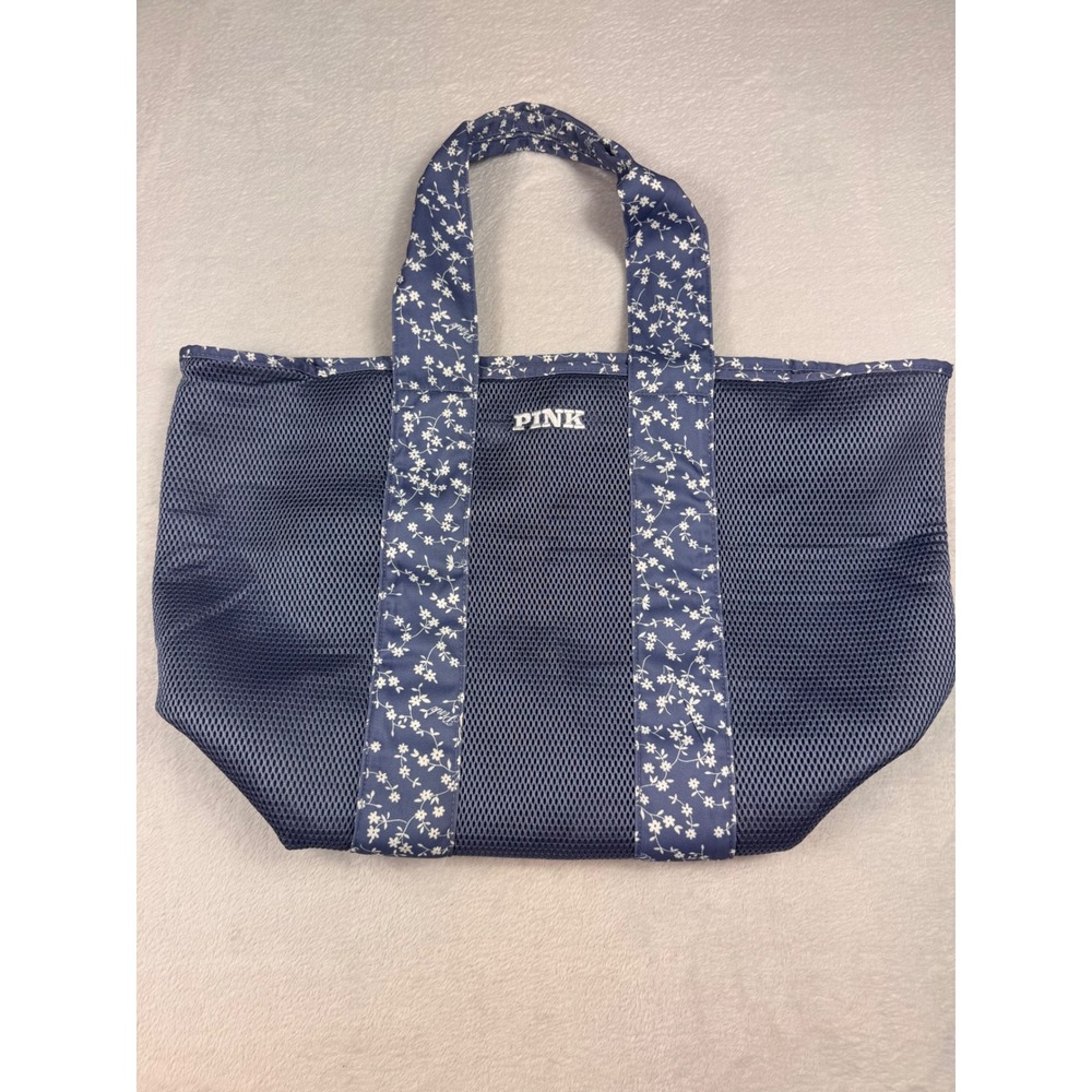 Victoria's Secret PINK Mesh Tote Bag Navy Blue Floral Zipper Beach Gym Carryall